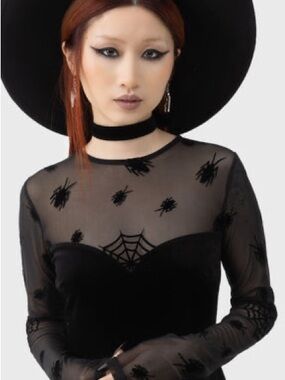 Killstar x Beetlejuice - black velvet skater dress with mesh long sleeves - XS